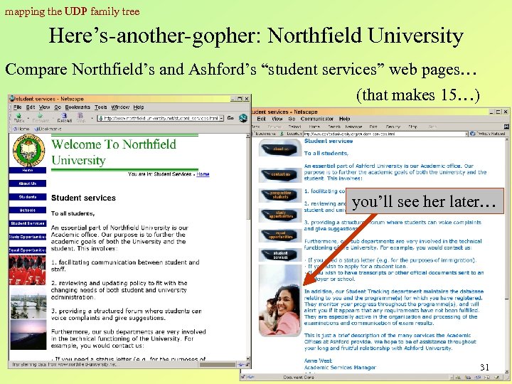 mapping the UDP family tree Here’s-another-gopher: Northfield University Compare Northfield’s and Ashford’s “student services”