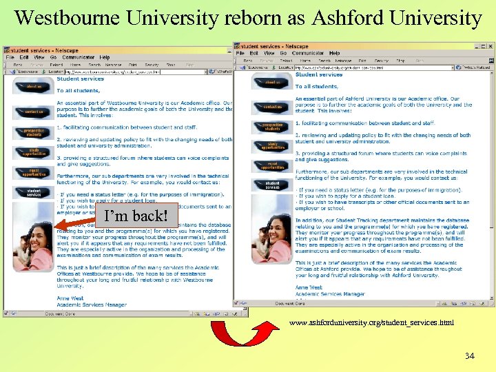 Westbourne University reborn as Ashford University I’m back! www. ashforduniversity. org/student_services. html 34 