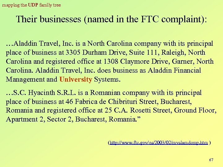 mapping the UDP family tree Their businesses (named in the FTC complaint): …Aladdin Travel,