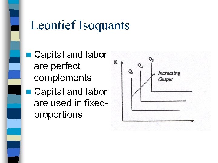 Leontief Isoquants n Capital and labor are perfect complements n Capital and labor are