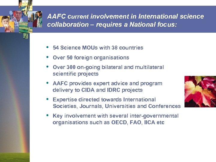 AAFC current involvement in International science collaboration – requires a National focus: • •