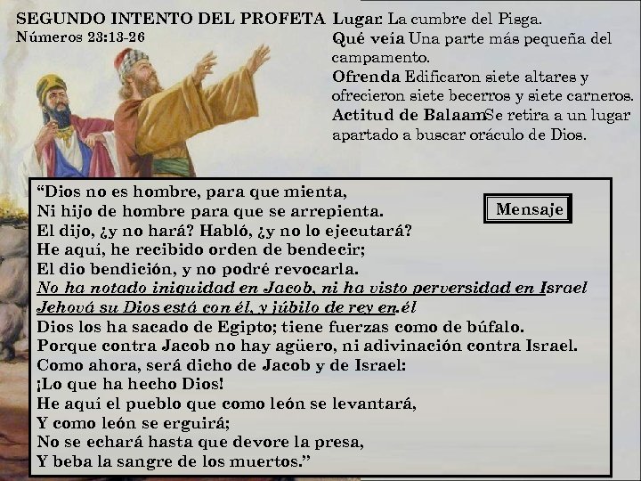 : SEGUNDO INTENTO DEL PROFETA Lugar La cumbre del Pisga. Números 23: 13 -26