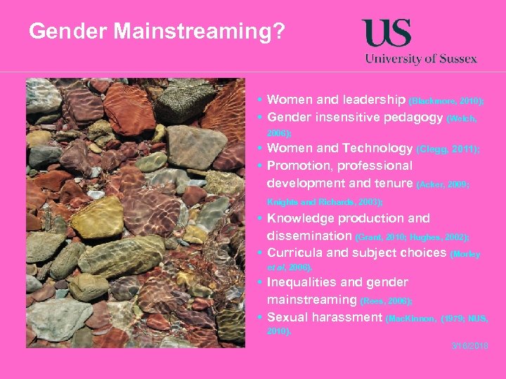 Gender Mainstreaming? • Women and leadership (Blackmore, 2010); • Gender insensitive pedagogy (Welch, 2006);