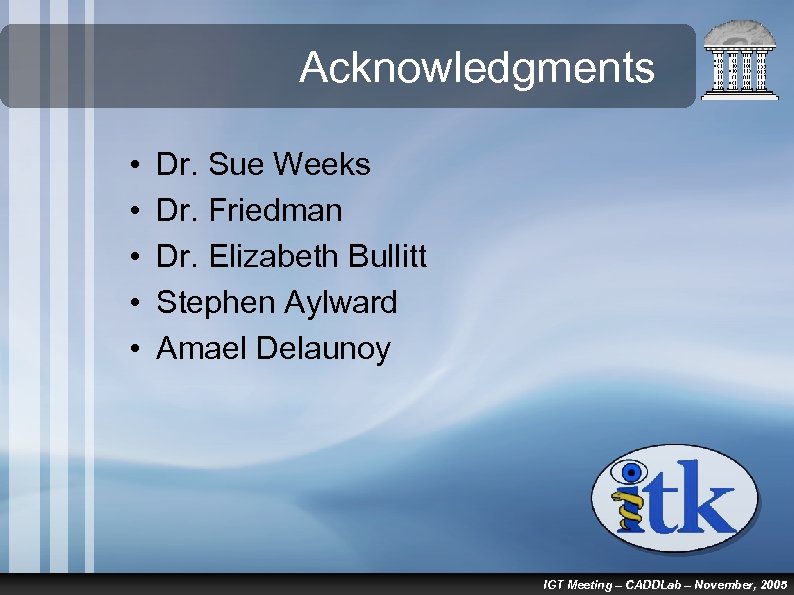 Acknowledgments • • • Dr. Sue Weeks Dr. Friedman Dr. Elizabeth Bullitt Stephen Aylward