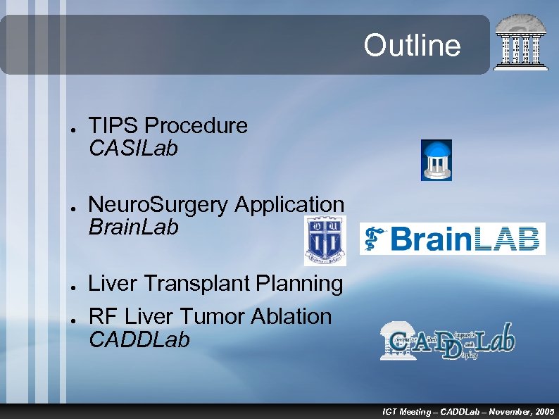 Outline ● ● TIPS Procedure CASILab Neuro. Surgery Application Brain. Lab Liver Transplant Planning