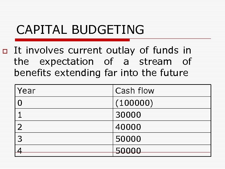 CAPITAL BUDGETING o It involves current outlay of funds in the expectation of a