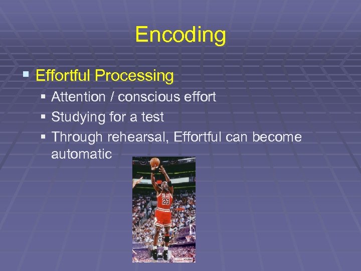 Encoding § Effortful Processing § Attention / conscious effort § Studying for a test