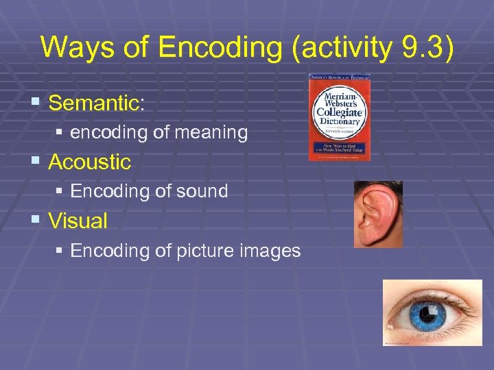 Ways of Encoding (activity 9. 3) § Semantic: § encoding of meaning § Acoustic