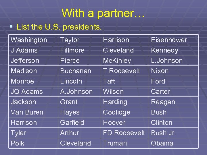 With a partner… § List the U. S. presidents. Washington J. Adams Jefferson Madison