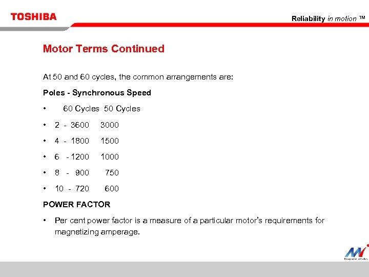 Reliability in motion ™ Motor Terms Continued At 50 and 60 cycles, the common