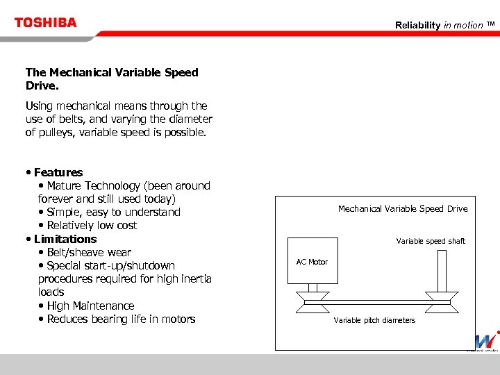 Reliability in motion ™ The Mechanical Variable Speed Drive. Using mechanical means through the