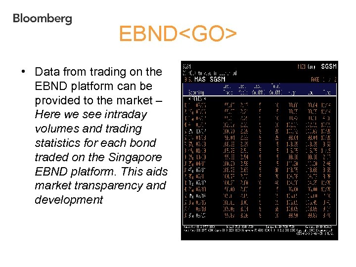 EBND<GO> • Data from trading on the EBND platform can be provided to the