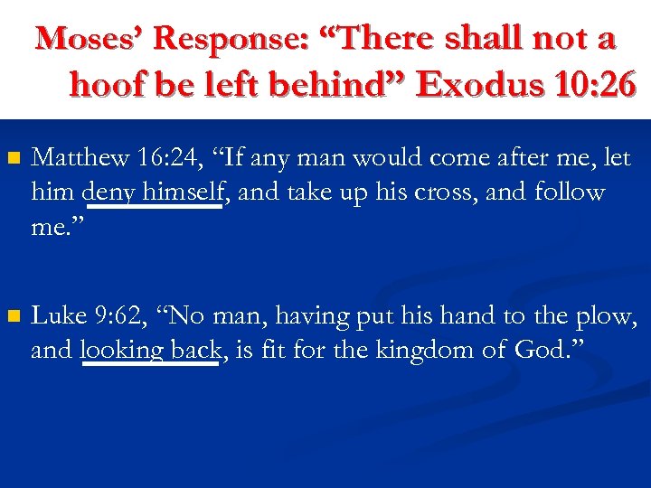 Moses’ Response: “There shall not a hoof be left behind” Exodus 10: 26 n