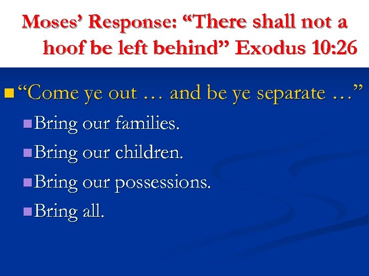 Moses’ Response: “There shall not a hoof be left behind” Exodus 10: 26 n