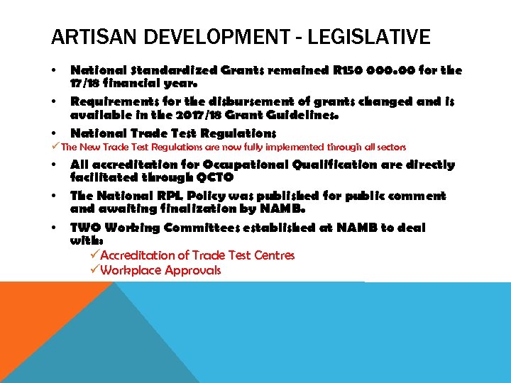 ARTISAN DEVELOPMENT - LEGISLATIVE • • • National Standardized Grants remained R 150 000.