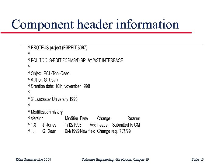 Component header information ©Ian Sommerville 2000 Software Engineering, 6 th edition. Chapter 29 Slide