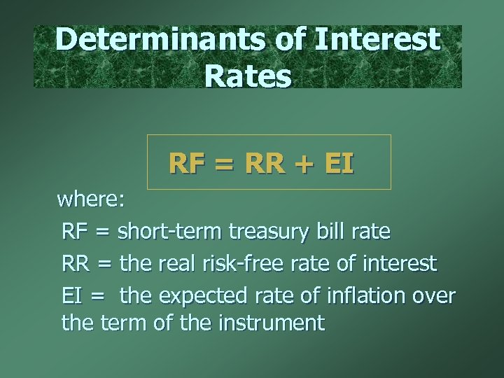 Determinants of Interest Rates RF = RR + EI where: RF = short-term treasury