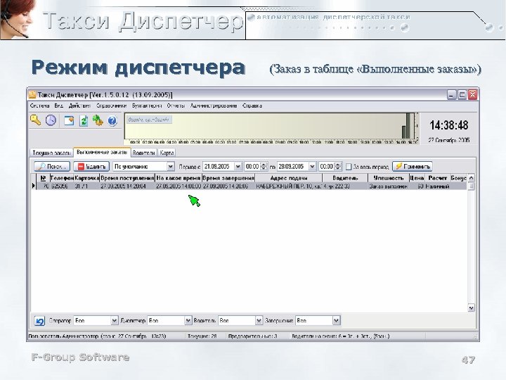 Режим диспетчера F-Group Software (Заказ в таблице «Выполненные заказы» ) 47 