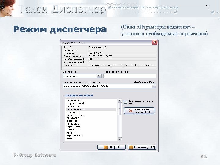Режим диспетчера F-Group Software (Окно «Параметры водителя» – установка необходимых параметров) 51 