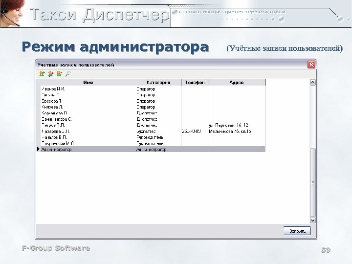 Режим администратора F-Group Software (Учётные записи пользователей) 59 