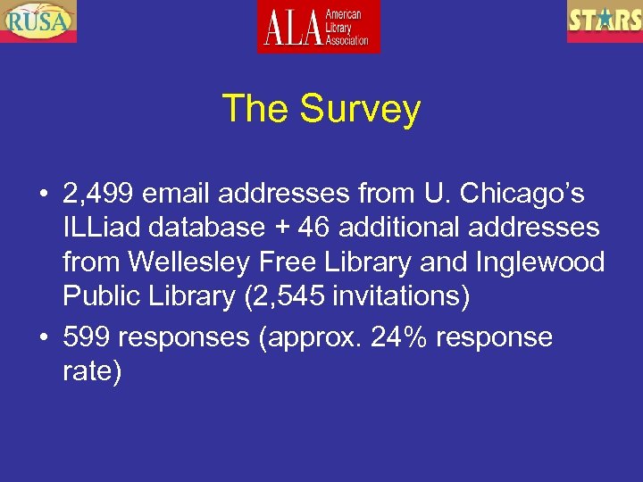 The Survey • 2, 499 email addresses from U. Chicago’s ILLiad database + 46