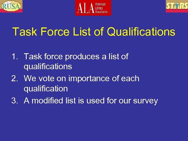 Task Force List of Qualifications 1. Task force produces a list of qualifications 2.