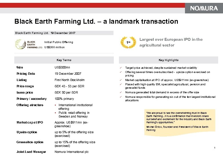 Black Earth Farming Ltd. – a landmark transaction Black Earth Farming Ltd. 19 December