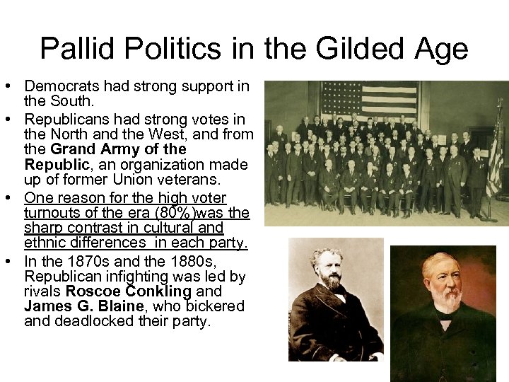 Pallid Politics in the Gilded Age • Democrats had strong support in the South.