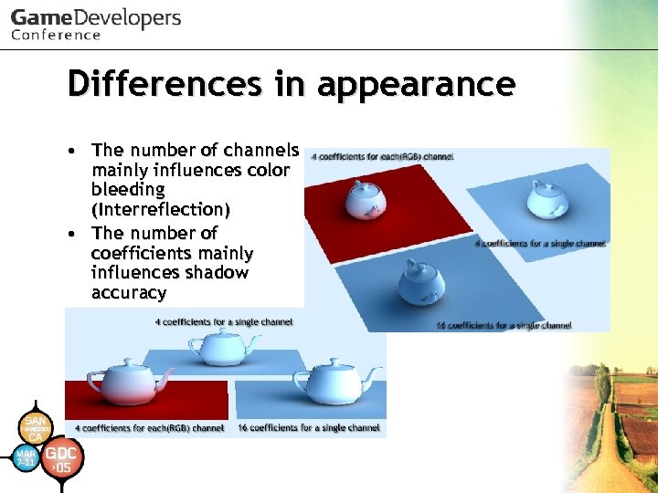 Differences in appearance • The number of channels mainly influences color bleeding (Interreflection) •