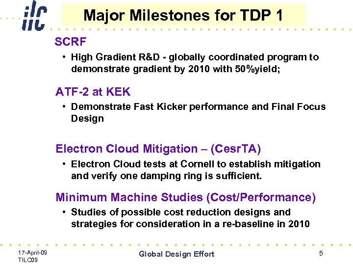 Major Milestones for TDP 1 SCRF • High Gradient R&D - globally coordinated program