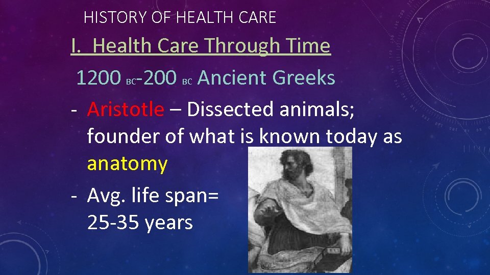 HISTORY OF HEALTH CARE I. Health Care Through Time 1200 BC-200 BC Ancient Greeks