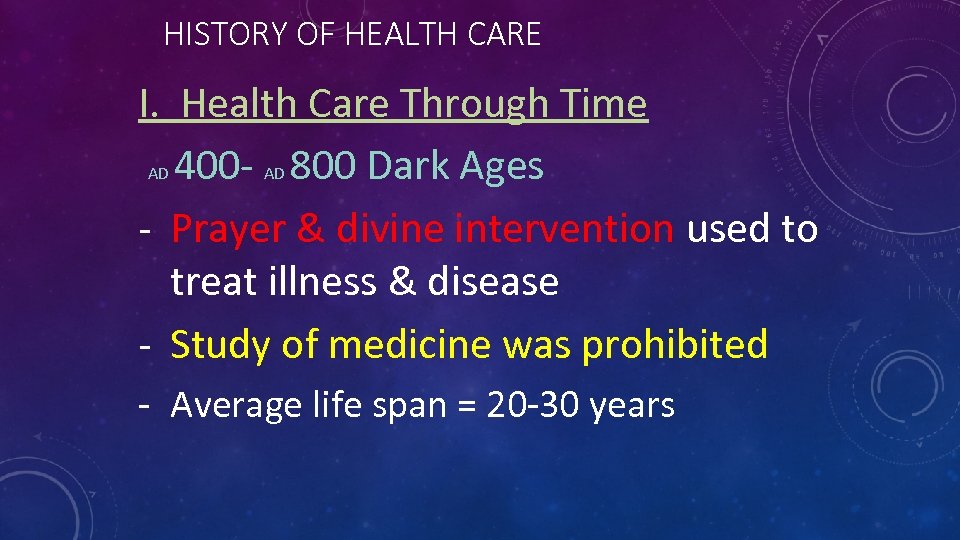 HISTORY OF HEALTH CARE I. Health Care Through Time AD 400 - AD 800