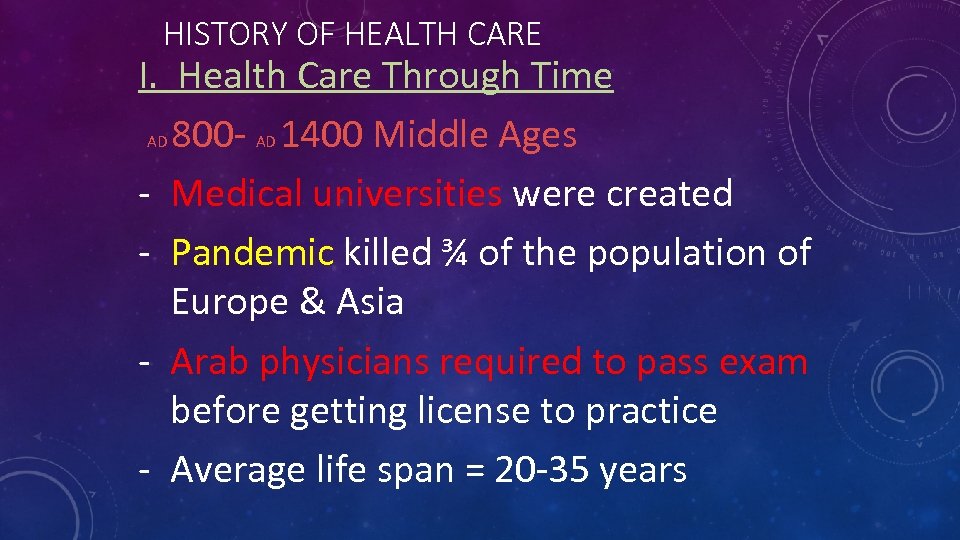 HISTORY OF HEALTH CARE I. Health Care Through Time AD 800 - AD 1400