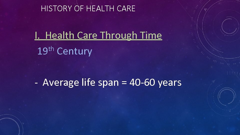 HISTORY OF HEALTH CARE I. Health Care Through Time 19 th Century - Average