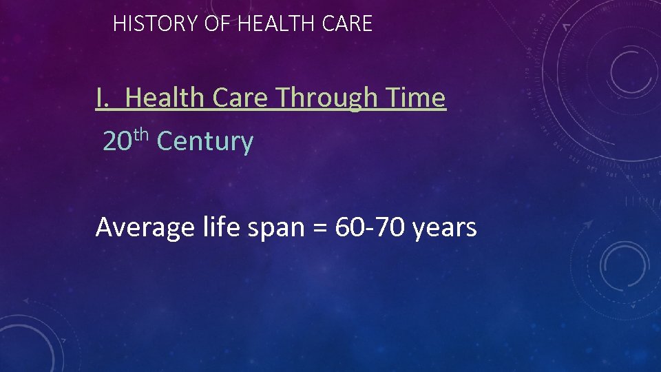 HISTORY OF HEALTH CARE I. Health Care Through Time 20 th Century Average life