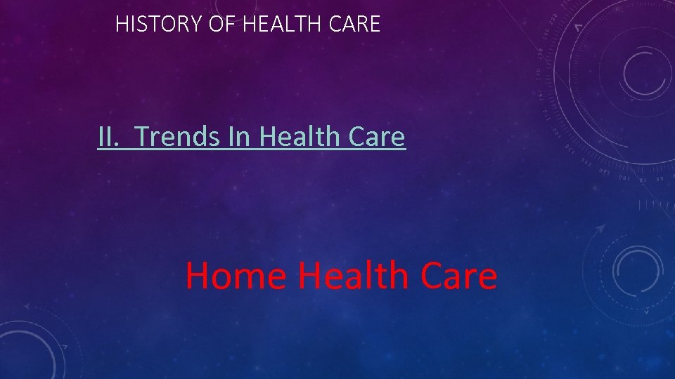 HISTORY OF HEALTH CARE II. Trends In Health Care Home Health Care 