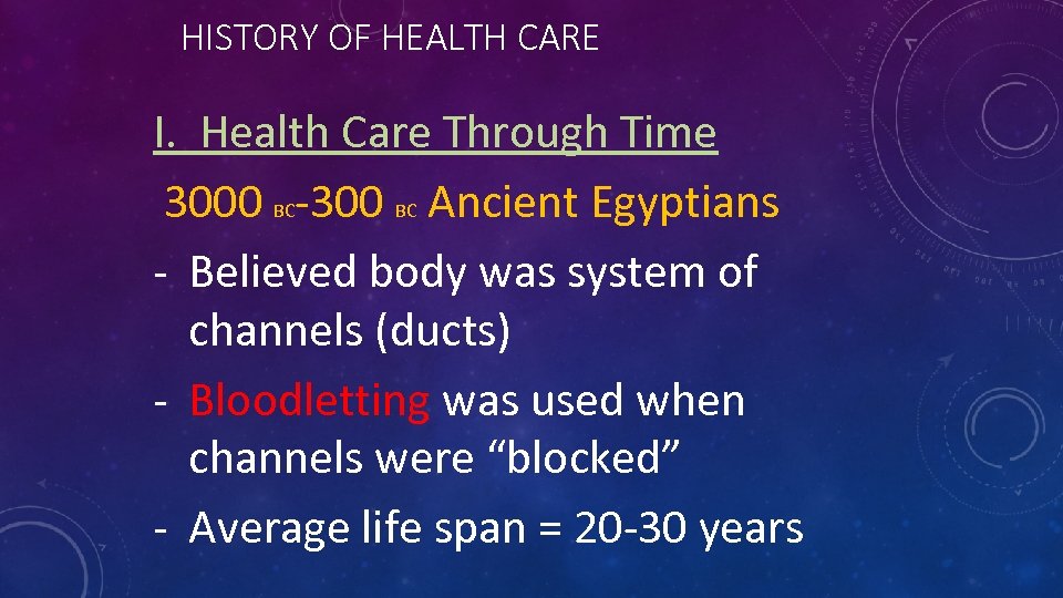 HISTORY OF HEALTH CARE I. Health Care Through Time 3000 BC-300 BC Ancient Egyptians