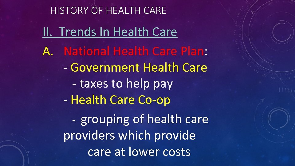 HISTORY OF HEALTH CARE II. Trends In Health Care A. National Health Care Plan: