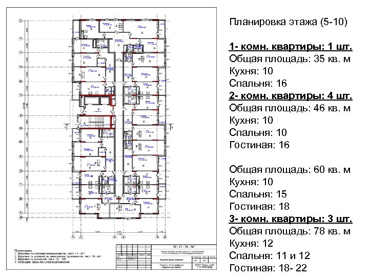 Планировка этажа (5 -10) 1 - комн. квартиры: 1 шт. Общая площадь: 35 кв.