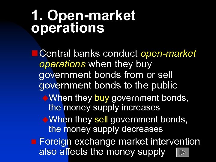 1. Open-market operations n Central banks conduct open-market operations when they buy government bonds