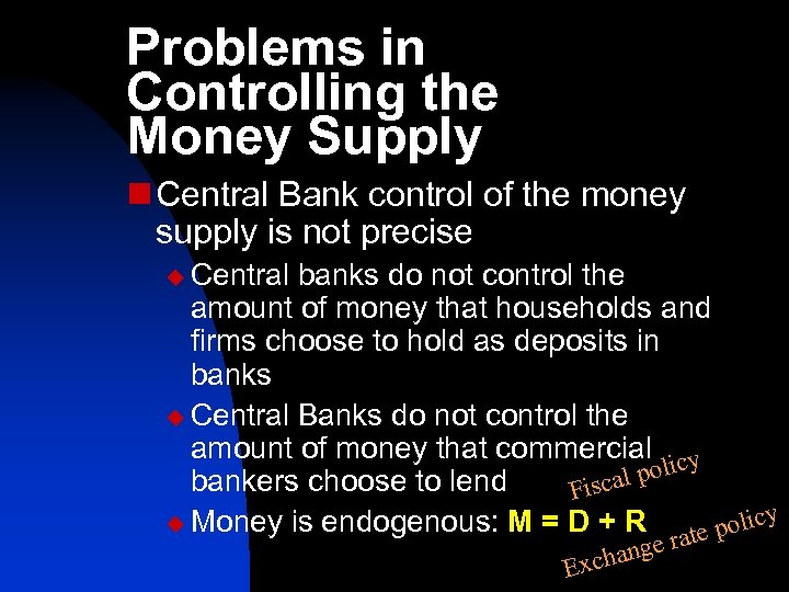 Problems in Controlling the Money Supply n Central Bank control of the money supply