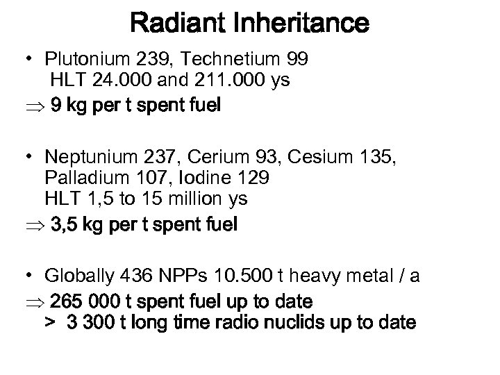 Radiant Inheritance • Plutonium 239, Technetium 99 HLT 24. 000 and 211. 000 ys