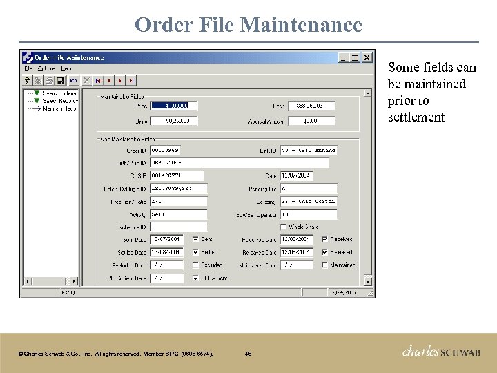 Order File Maintenance Some fields can be maintained prior to settlement © Charles Schwab