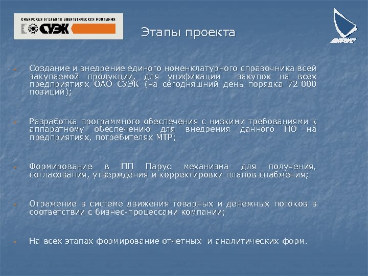Этапы проекта § § Создание и внедрение единого номенклатурного справочника всей закупаемой продукции, для