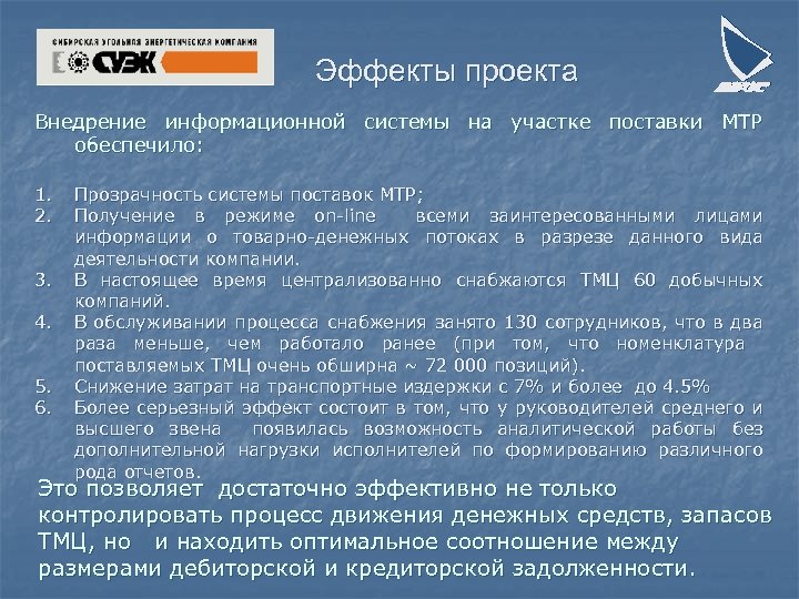 Эффекты проекта Внедрение информационной системы на участке поставки МТР обеспечило: 1. 2. 3. 4.