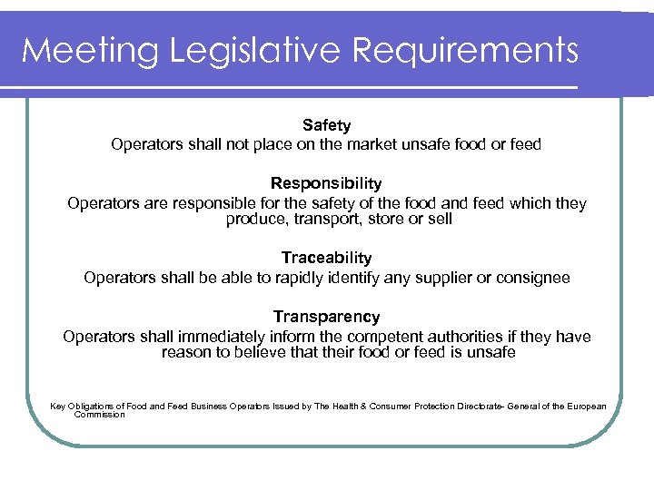Meeting Legislative Requirements Safety Operators shall not place on the market unsafe food or