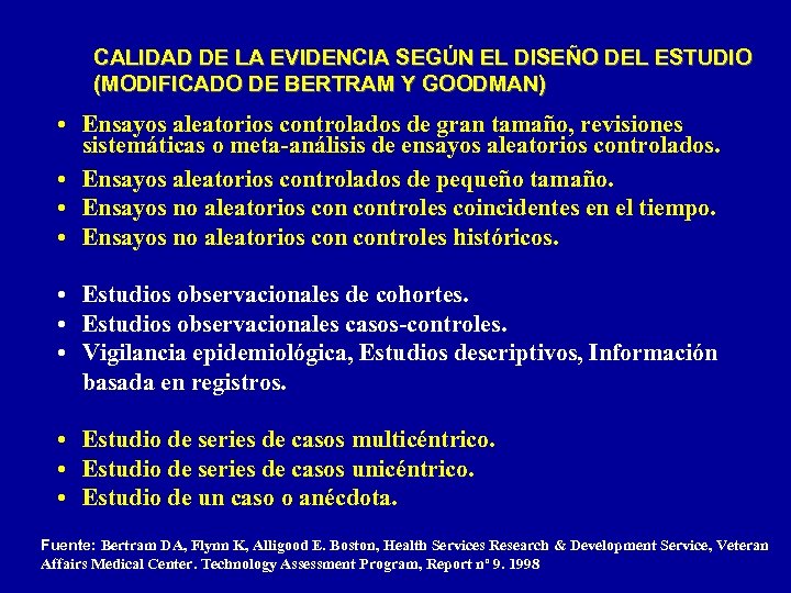 CALIDAD DE LA EVIDENCIA SEGÚN EL DISEÑO DEL ESTUDIO (MODIFICADO DE BERTRAM Y GOODMAN)