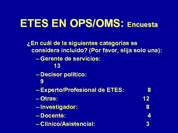ETES EN OPS/OMS: Encuesta ¿En cuál de la siguientes categorías se considera incluido? (Por