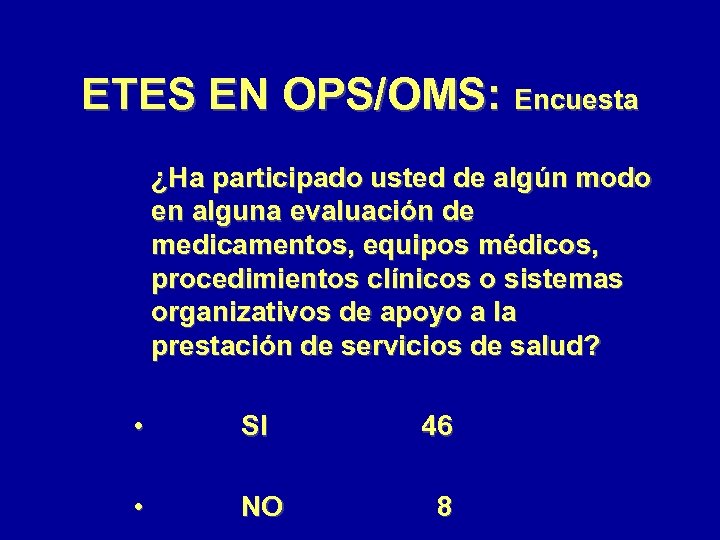 ETES EN OPS/OMS: Encuesta ¿Ha participado usted de algún modo en alguna evaluación de