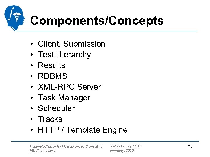 Components/Concepts • • • Client, Submission Test Hierarchy Results RDBMS XML-RPC Server Task Manager